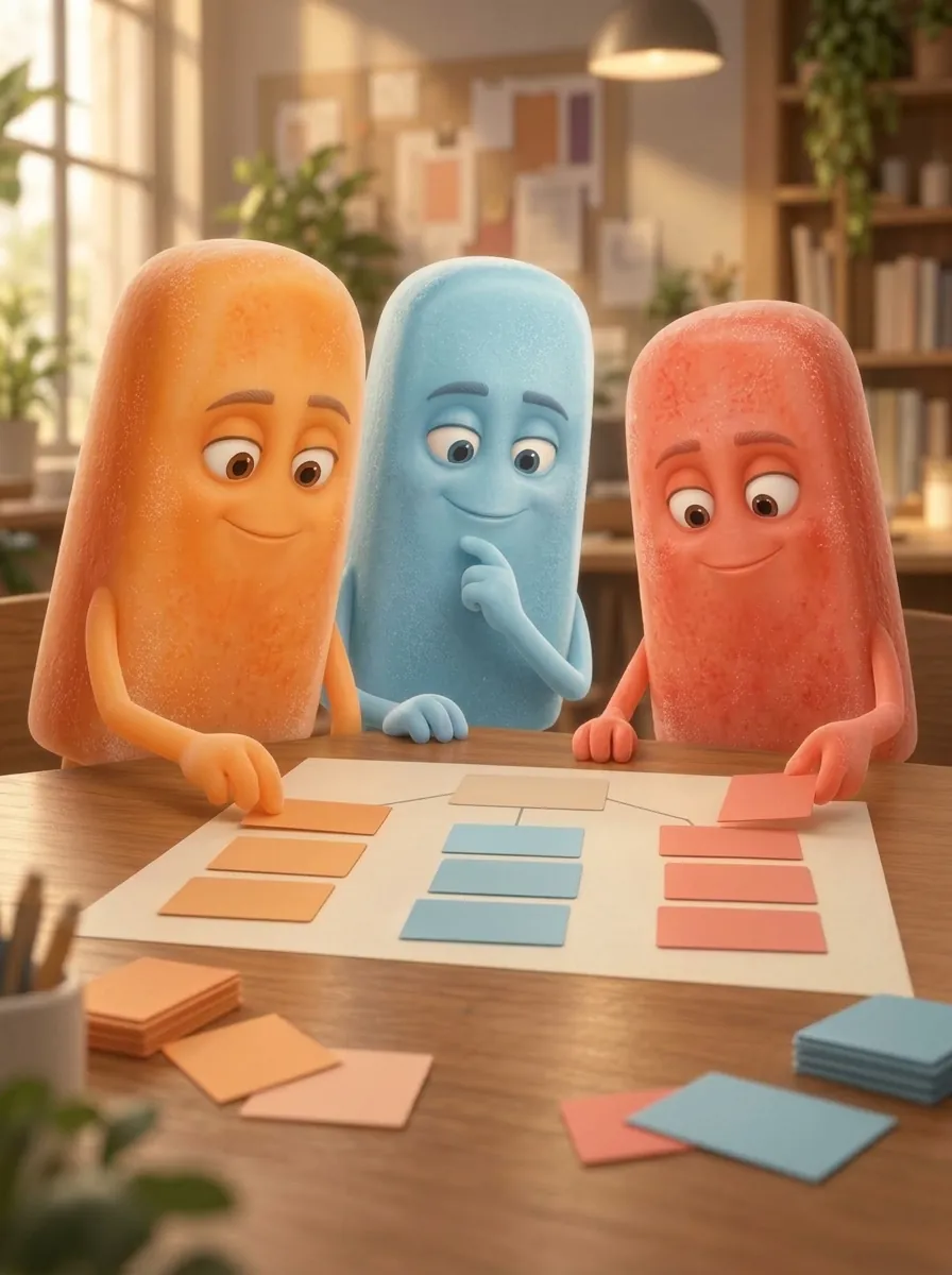 Frosted orange, blue, and coral Popsicle characters sorting colored cards into a shared map on a wooden table.